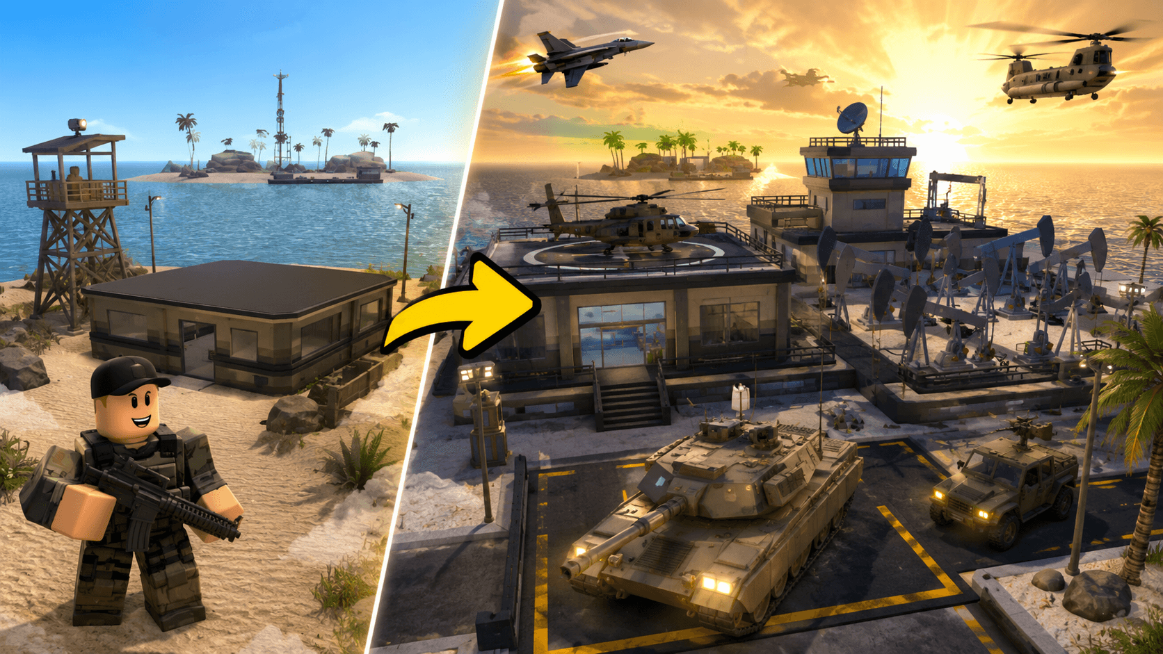 ClickCrit demo: a Roblox-style island base changes from a small outpost to a large military facility.
