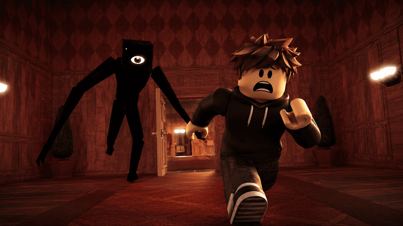 ClickCrit demo: a frightened Roblox-style character runs from a shadowy creature in a red hallway.