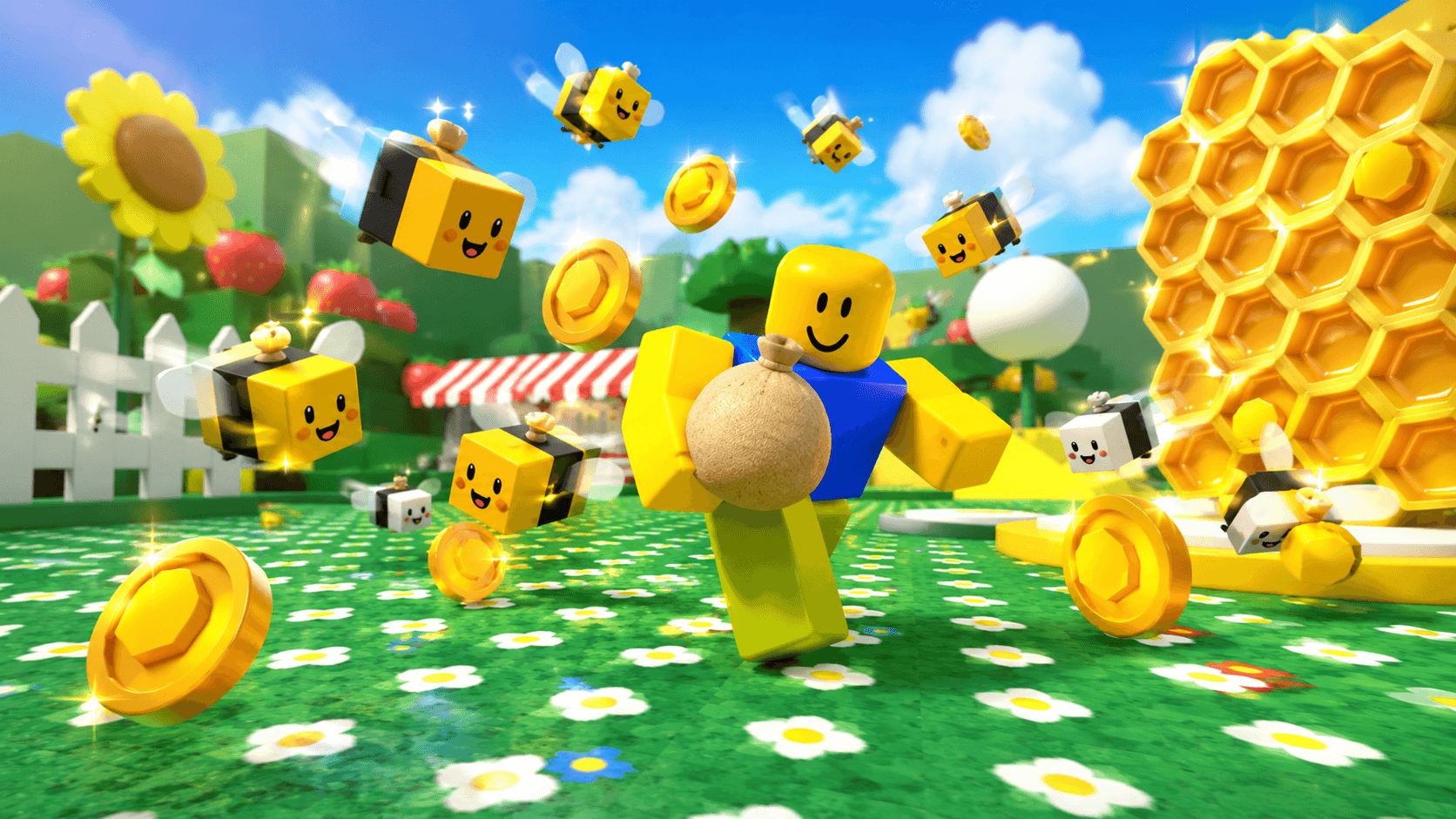 ClickCrit demo: a Roblox-style character runs through a bright bee and coin simulator world.