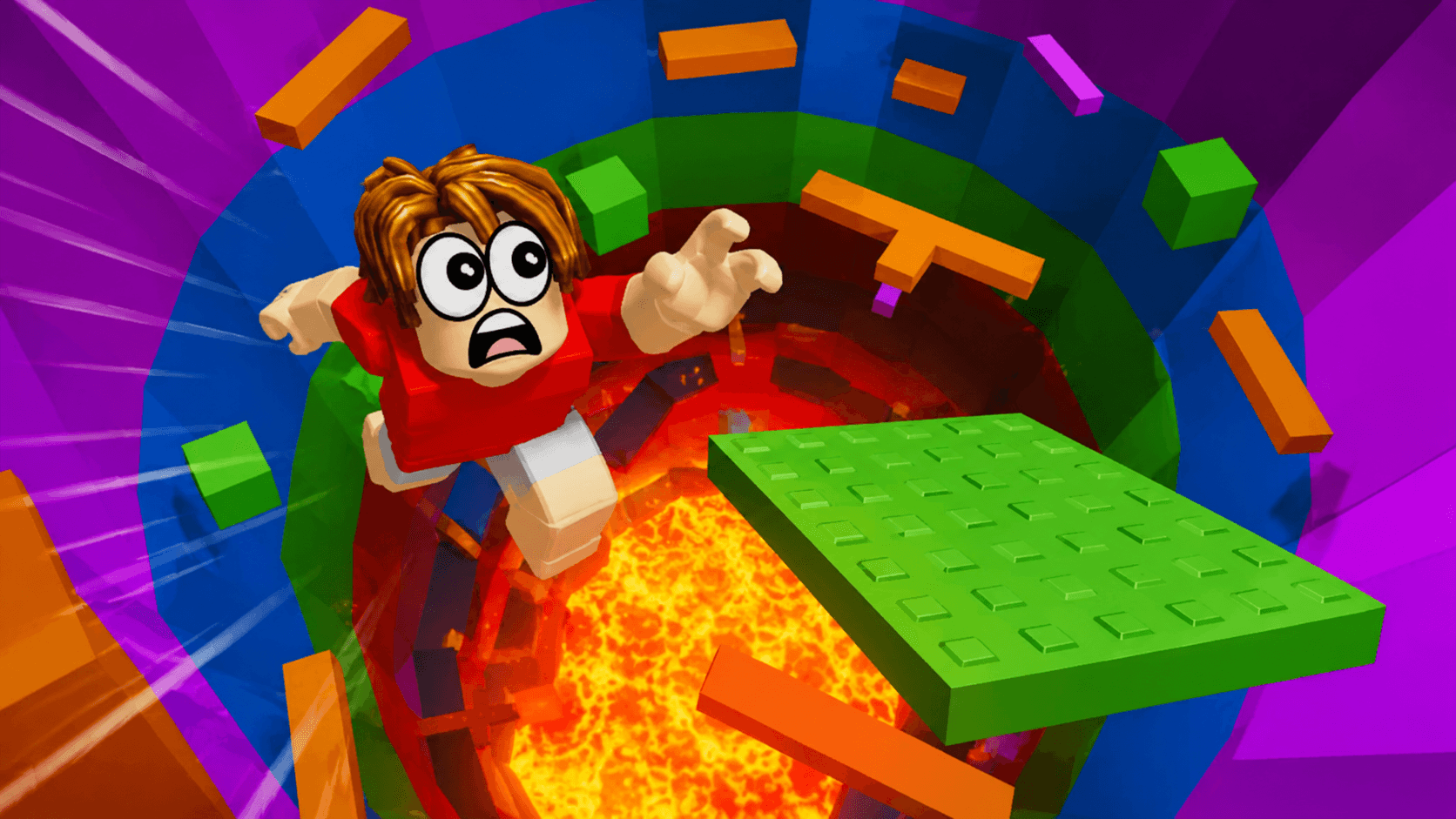ClickCrit demo: a Roblox-style character leaps above lava toward a green obstacle platform.