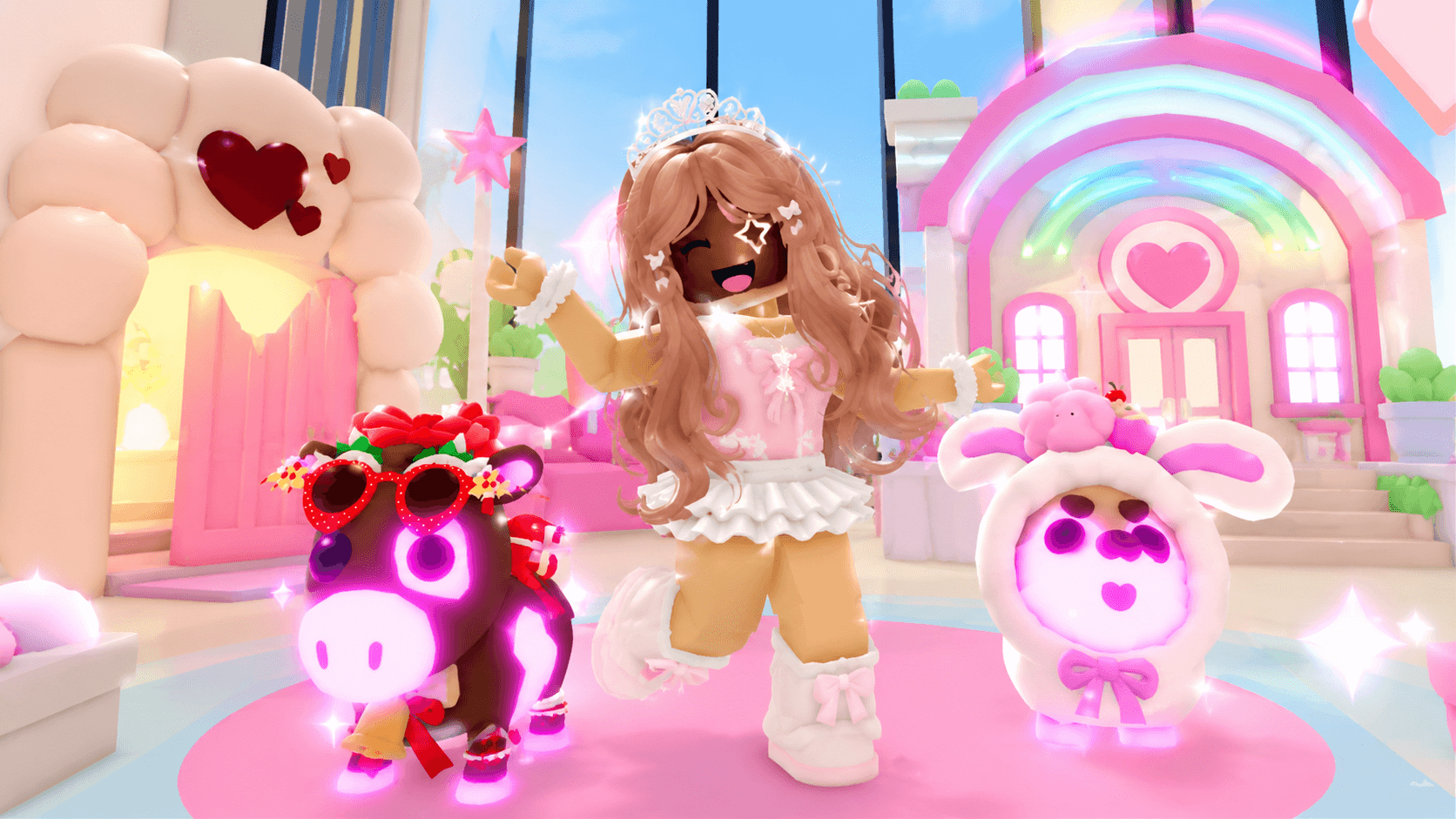 ClickCrit demo: a Roblox-style character and pets pose outside a bright pink dream home.