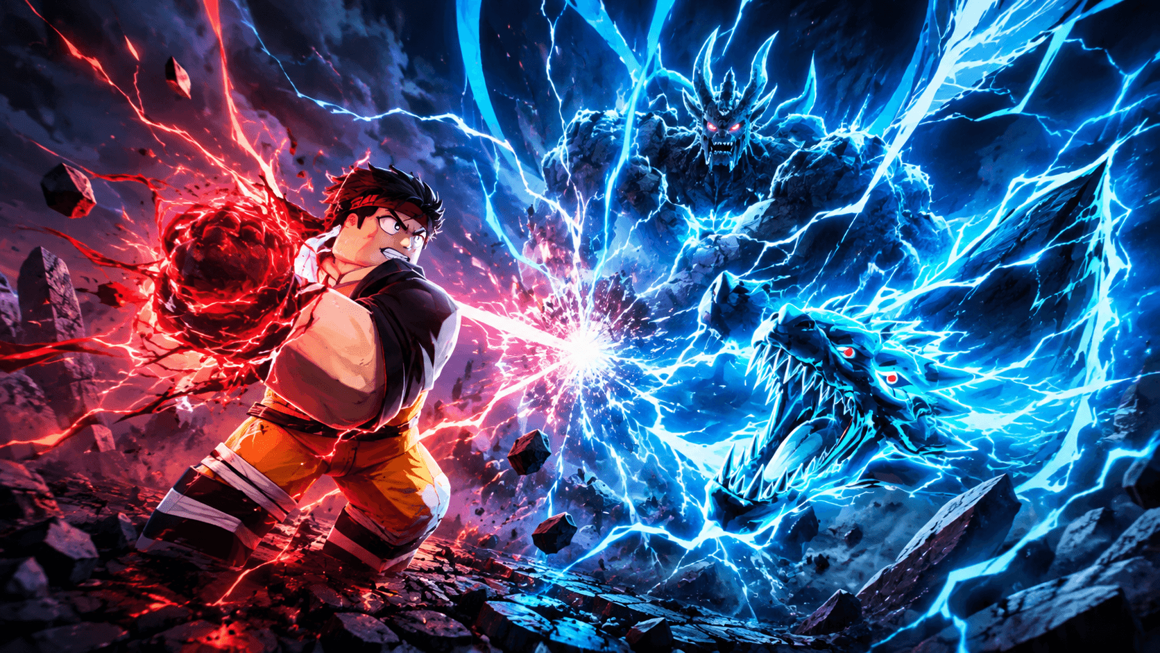 ClickCrit demo: an anime-inspired Roblox-style hero confronts an electric blue dragon boss.