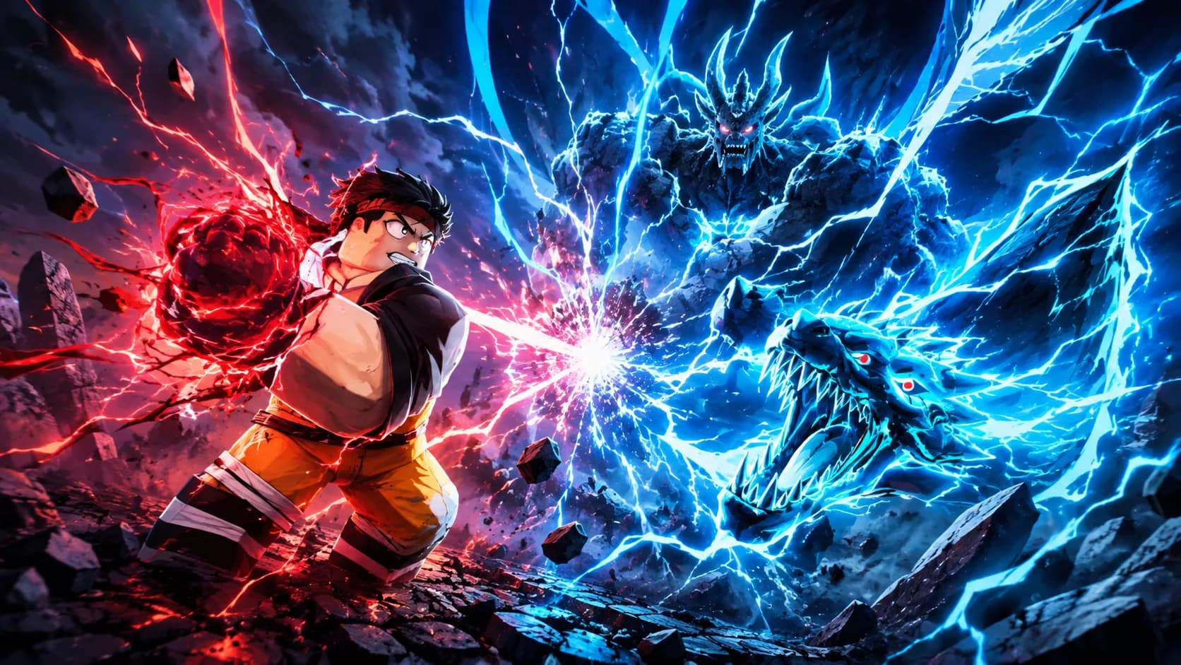 ClickCrit demo: an anime-inspired Roblox-style hero confronts an electric blue dragon boss.