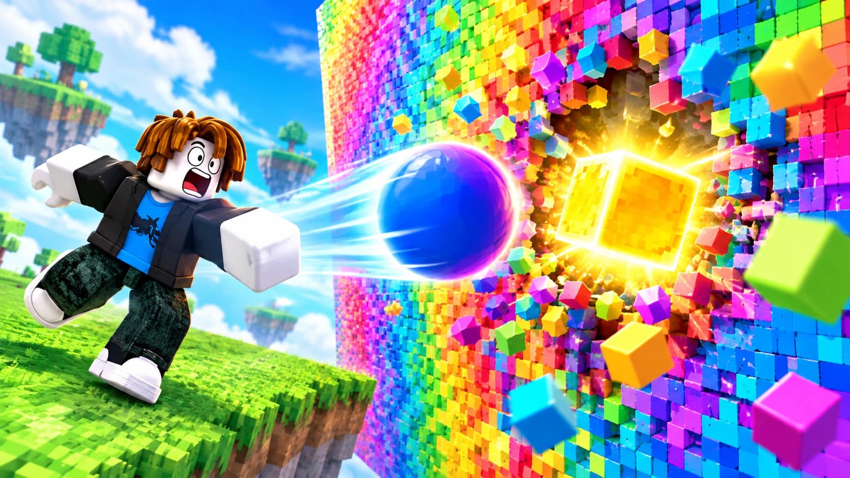 Action Interaction concept: an avatar throwing a ball toward a colorful pixel wall and golden block