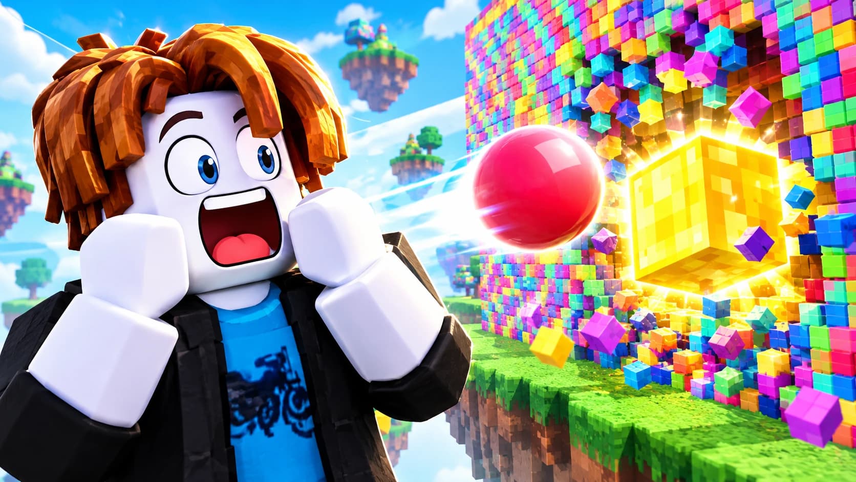 Character Hero concept: a large surprised Roblox avatar with the golden-block discovery behind it