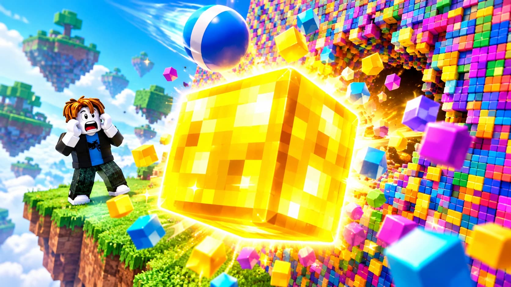 Feature Reveal concept: a large golden block in the foreground with a smaller avatar behind it