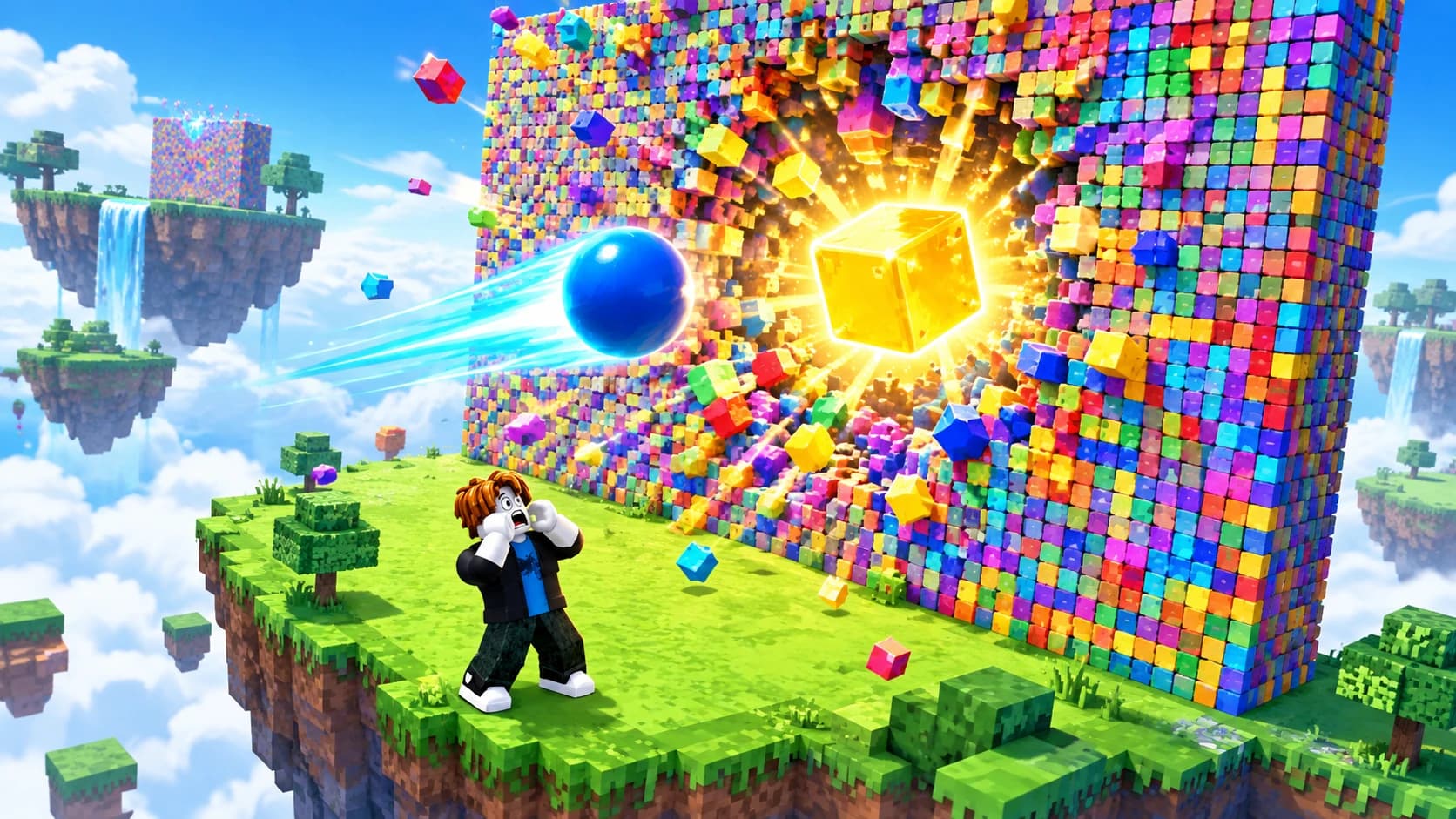 World and Challenge concept: a wider floating-island scene with a small avatar below a giant pixel wall