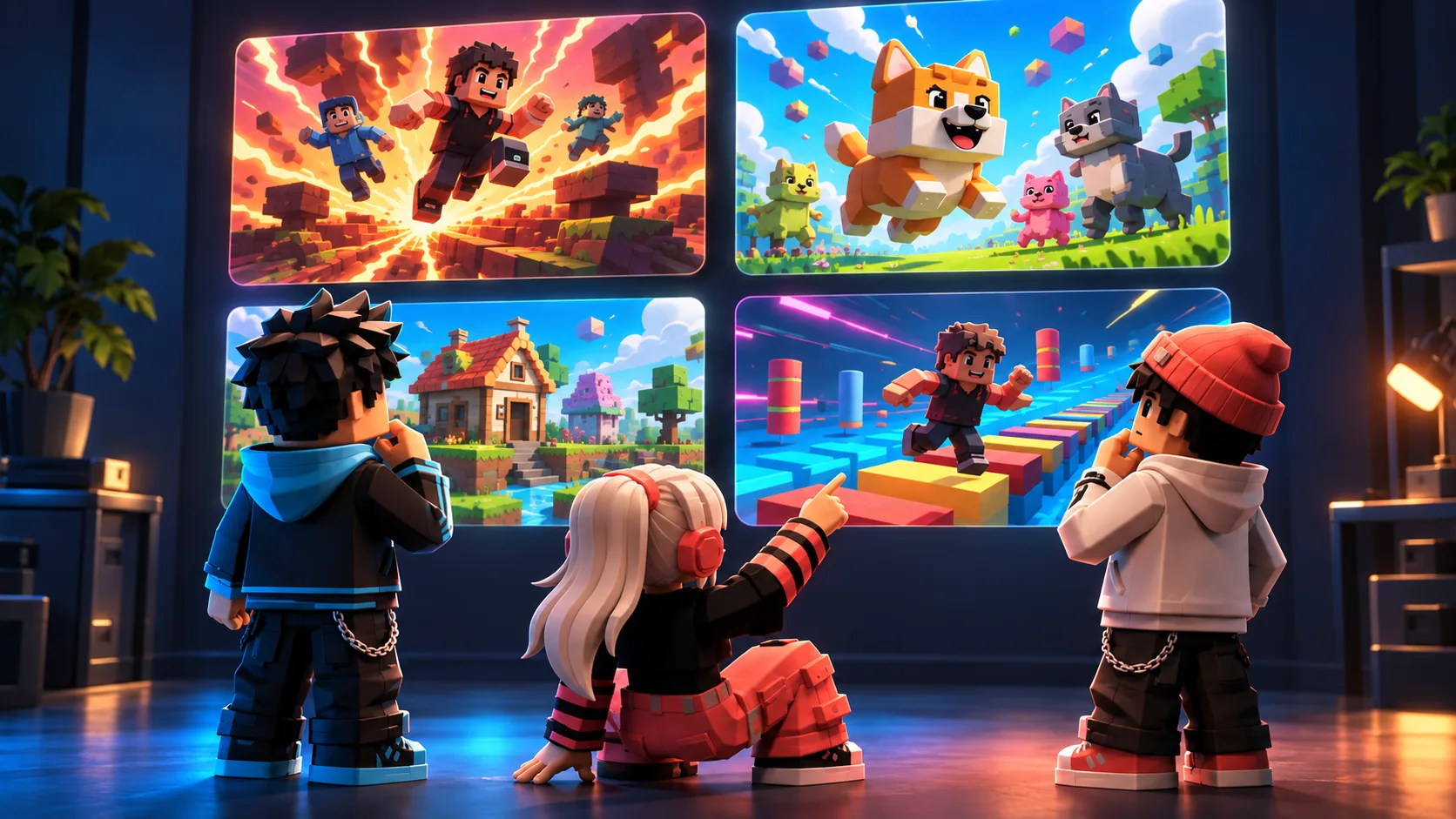 Three game creators reviewing four distinct thumbnail concepts on a studio display wall