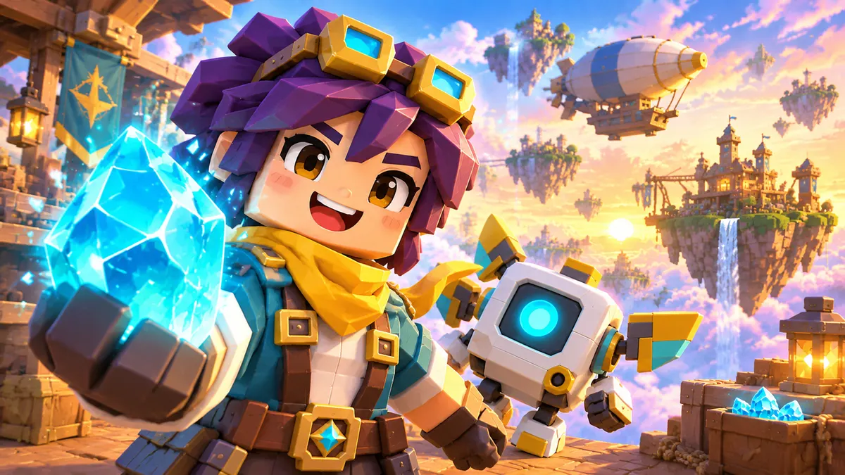 Character Hero game thumbnail concept with a sky adventurer holding a glowing crystal