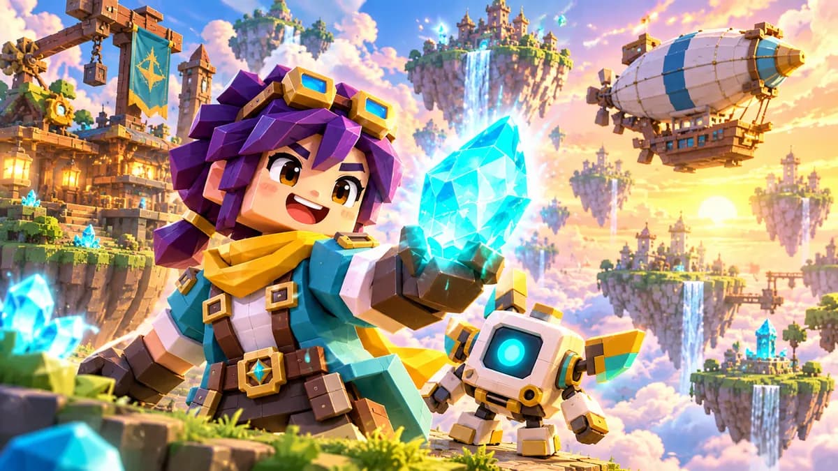 Feature Reveal game thumbnail concept focused on a glowing crystal and floating islands