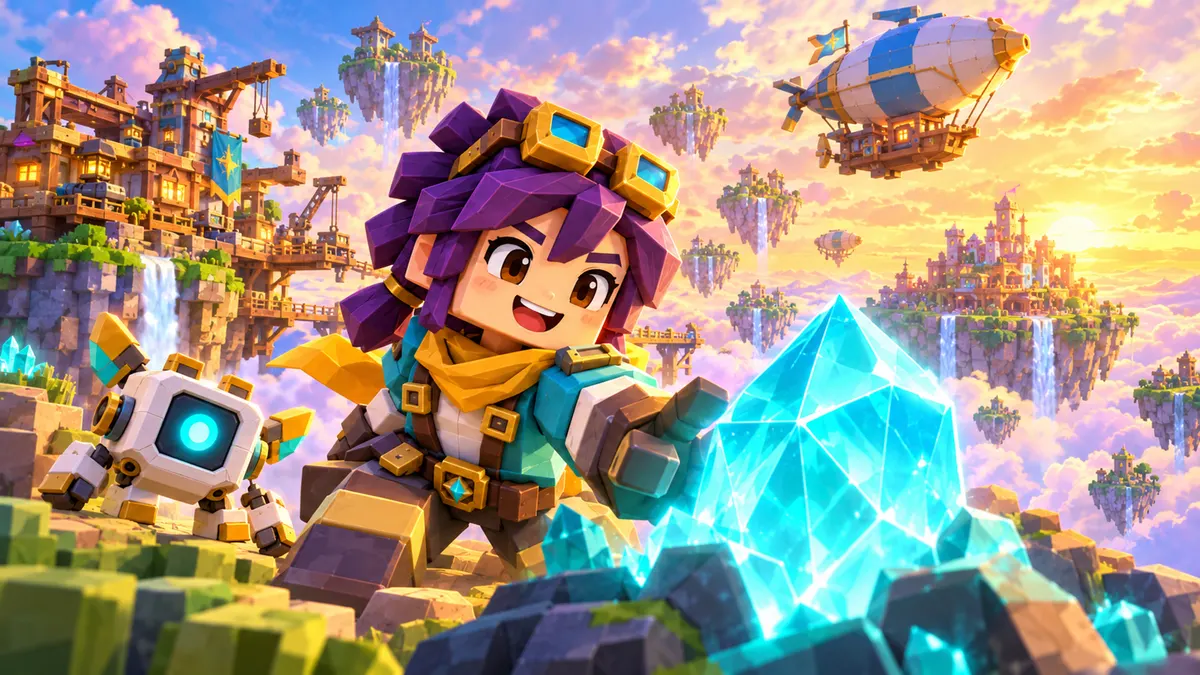 Progression Challenge game thumbnail concept with a large crystal and distant sky islands