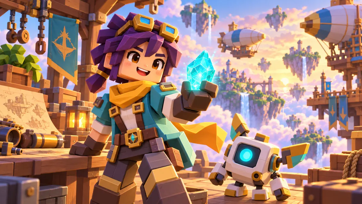 Source reference showing a purple-haired sky adventurer with a crystal and robot companion