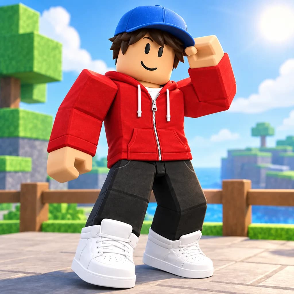 Roblox avatar in a red hoodie shown in a real ClickCrit social spotlight GFX output