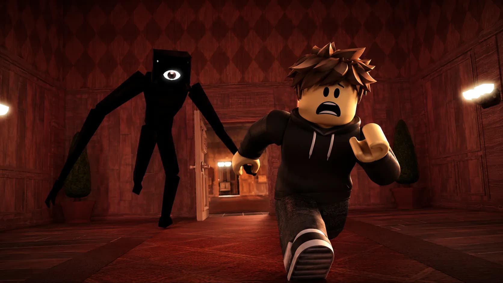 ClickCrit demo: a frightened Roblox-style character runs from a shadowy creature in a red hallway.