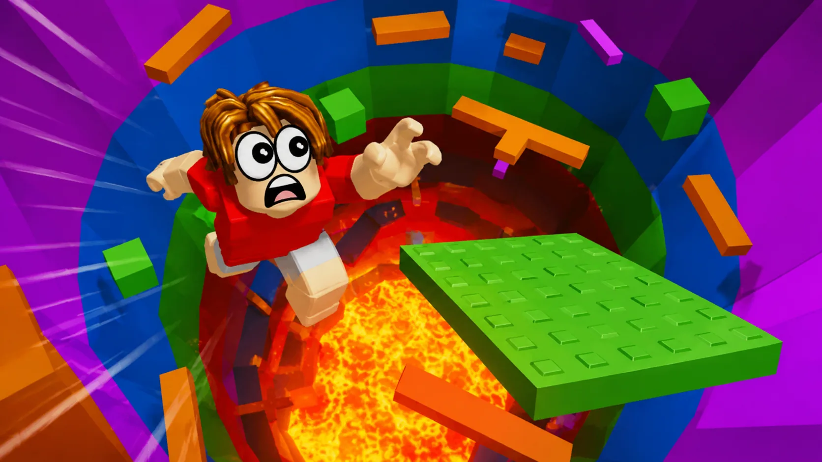 ClickCrit demo: a Roblox-style character leaps above lava toward a green obstacle platform.
