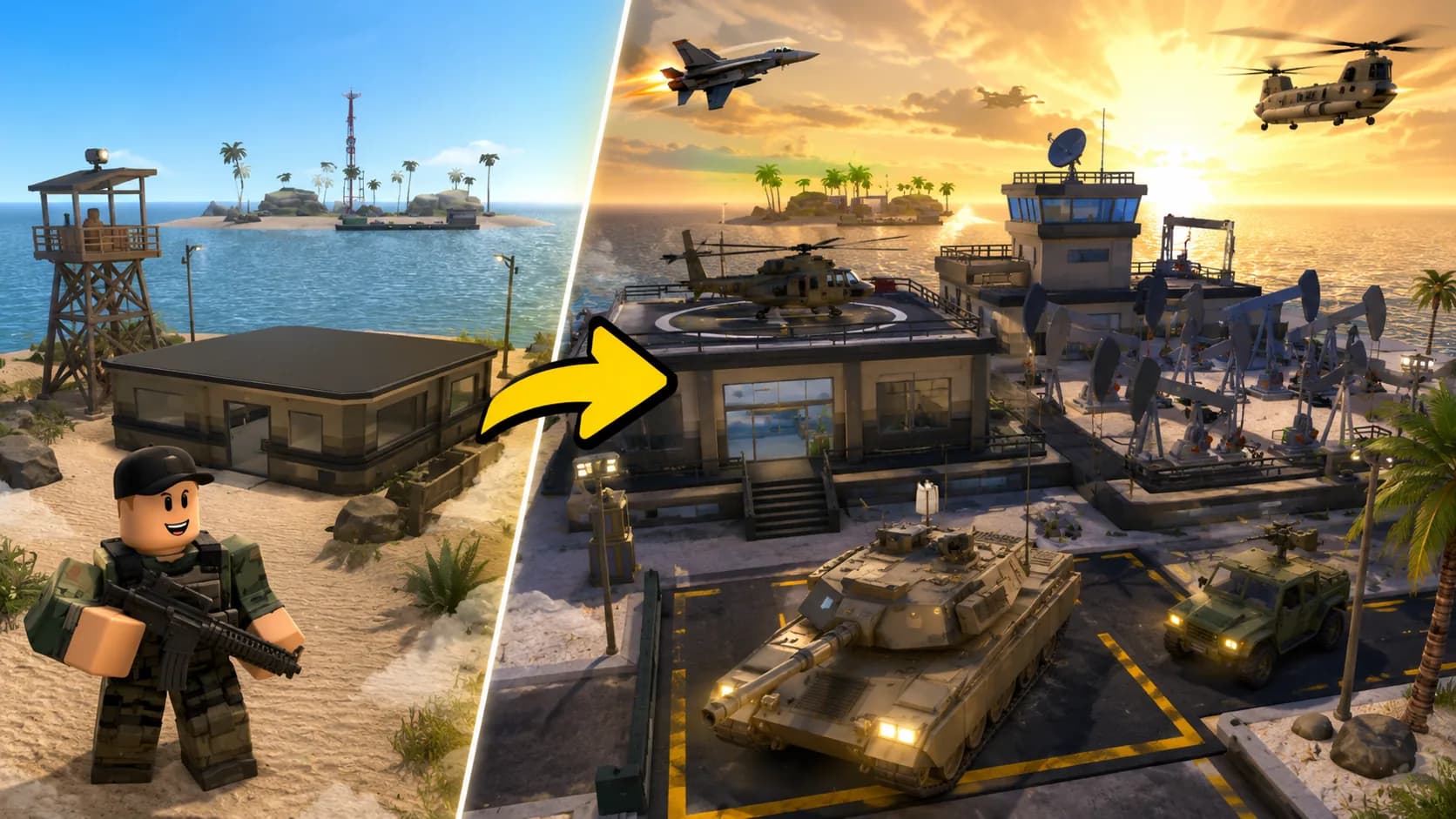ClickCrit demo: a Roblox-style island base changes from a small outpost to a large military facility.